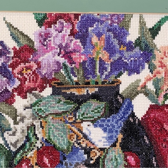 Beautiful Vintage Cross Stitch Picture With Vibrant Colors Signed Dated - Picture 10 of 13